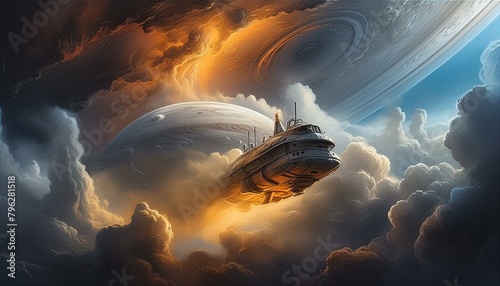  A dramatic sci-fi scene featuring storm clouds gathering ominously above Jupiter. 