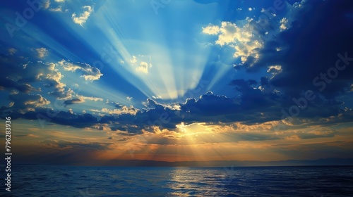 Crepuscular Rays over Sea. Beautiful Sunrise or Sunset with Ladder Effect 