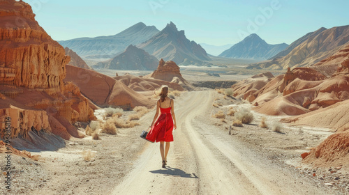 A woman in a vibrant red dress strolls down a dusty dirt road under the clear sky