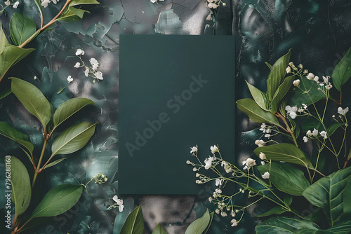 Stylish elegant flat lay dark green floristic greeting invitation post card with copy space mockup.