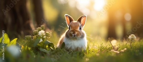 Rabbit sitting among grass by tree