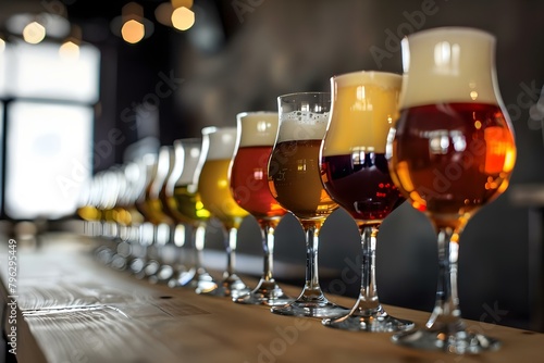 Row of various beer glasses filled with different types of beer. Concept Beer Glasses, Various Types, Tasting Flight, Brewery Tour, Craft Beers