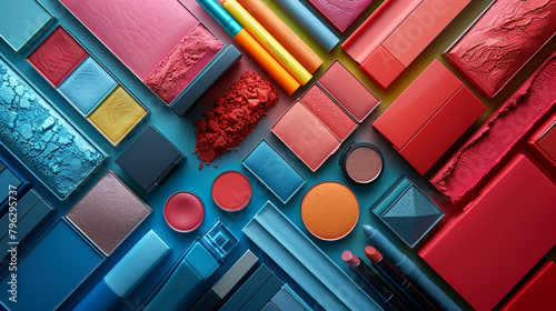Trendy flat lay composition showcasing a collection of makeup items and accessories arranged on a colorful background