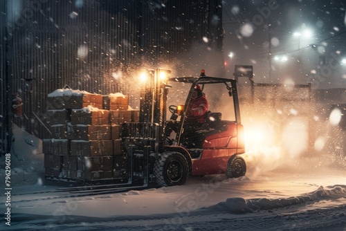 Winter night logistics operation with a forklift moving cargo boxes during a heavy snowfall