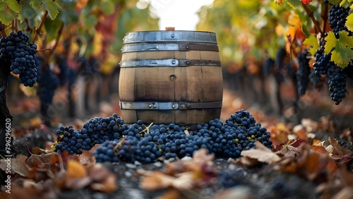 Vintage Wine Barrel in Vineyard with Grape Vines: A Captivating Image. Concept Wine Barrel, Vineyard, Grape Vines, Vintage Aesthetic, Captivating Image