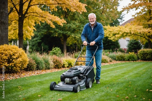 Portrait confident senior man mowing autumn lawn in backyard