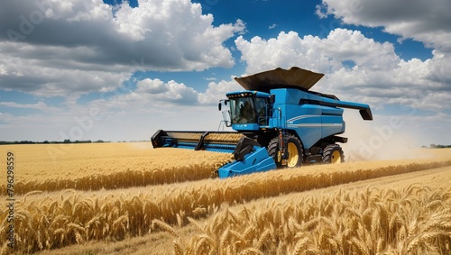A blue combine harvester is harvesting a field of wheat on a bright sunny day with white clouds in the background
