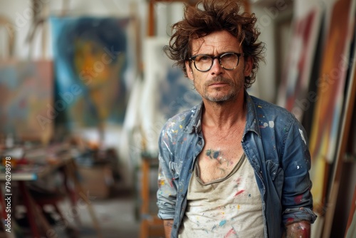 Middle-aged male artist covered in paint in his art studio exudes a creative aura