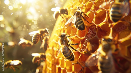 Bees gathering honey on honeycomb. Suitable for nature and agriculture concepts