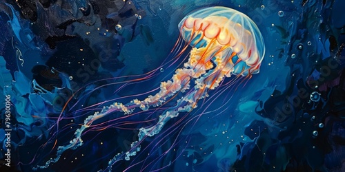 Jellyfish are animals with a transparent body. The body is composed mostly of gelatin. Can see into the internal organs. Watercolor painting. Use for wallpaper, posters, postcards, brochures.