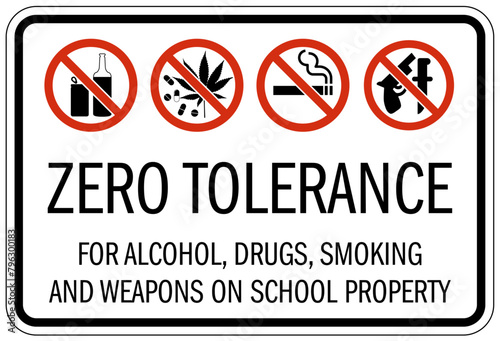 No gun allowed sign zero tolerance for alcohol, drugs, smoking and weapons on school property