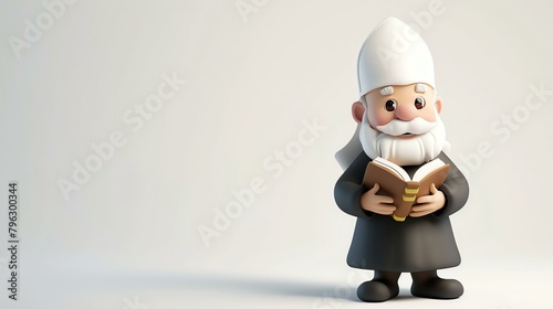 3D rendering of a cute cartoon priest. He is wearing a black robe with a white collar and a white mitre.