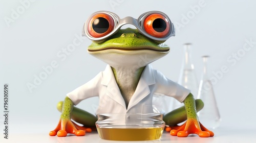 A mad scientist frog wearing a lab coat and safety goggles is sitting in a laboratory, looking at a beaker of yellow liquid.