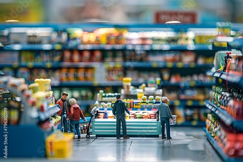 Miniaturized Supermarket Checkout Scene with Shoppers and Merchandise
