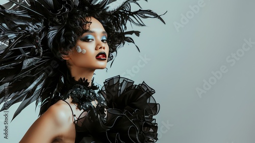 Stunning model with dark hair and black feathered headpiece. She is wearing a black dress with a plunging neckline and a dramatic collar.