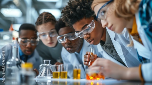 Group of young scientists in lab coats conducting an experiment in a laboratory.