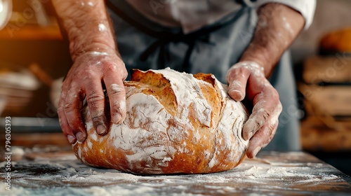 Baker's hands holding a fresh loaf of bread. The bread is golden brown and has a crispy crust.