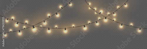  Glowing golden Christmas lights and New Year's garlands. Lights on a transparent background.