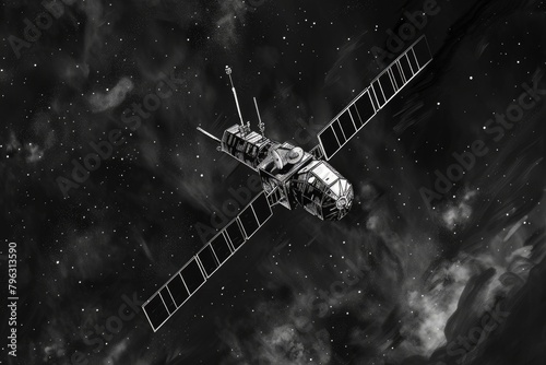 A black and white photo of a space station, perfect for science or technology projects