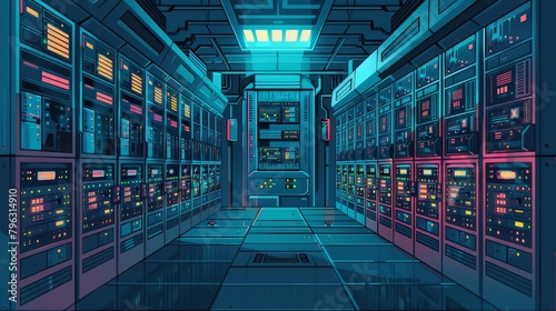 Internet Infrastructure: A vector illustration of a server room with rows of servers and network equipment