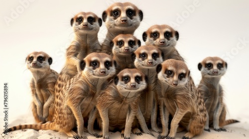 A group of five meerkats standing on a sandy hillside