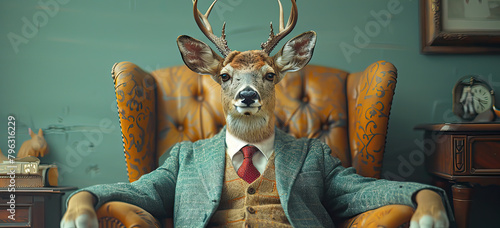 A deer with antlers on his head is sitting in an armchair, dressed as CEO of an Oil Company. Created with Ai