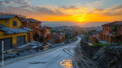 Beautiful sunset sky over new home construction site in California. Concept Sunset Views, New Home Construction, California Landscape, Golden Hour Photography, Real Estate Development