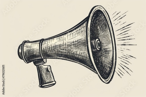 A black and white drawing of a megaphone. Suitable for promotional and communication concepts