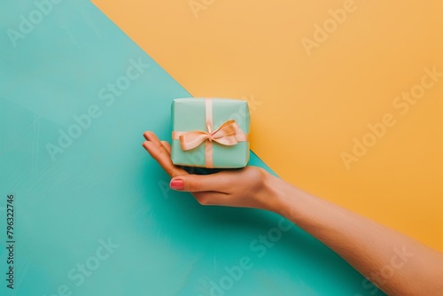 A hand holding a small wrapped present against a beige background