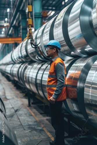 A man in a hard hat standing in front of large rolls of steel. Perfect for industrial and construction concepts