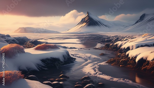 "Winter's Embrace: Icelandic Volcanoes Under Snow at Low Tide"