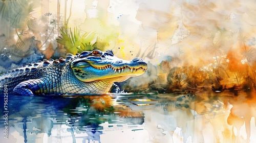 Bright, vibrant watercolor of a crocodile in a tranquil lake, hand drawn, serene nature ambiance