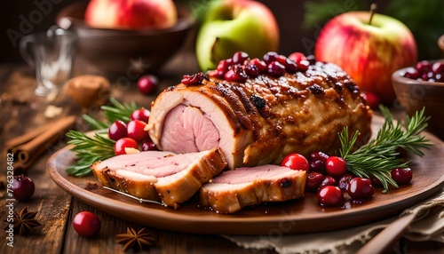 Roasted pork loin stuffed with apple and cranberry with spices 