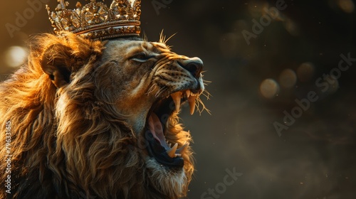 Brave lion wearing a crown roars majestically on a white stage