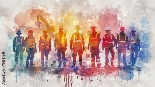 Abstract silhouette of construction workers on colorful watercolor background. May Day, Labor Day