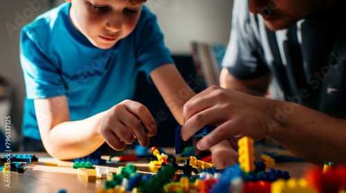 Focused child and adult playing with colorful building blocks, engaging in creative play and learning on a casual day.