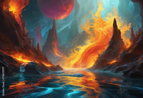 illustration, dynamic representation fire engulfing water ebbing away passage time surreal landscape, Dynamic, Representation, Fire, Engulfing, Water