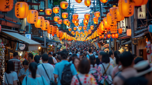 Gion Matsuri Festival on the streets of Kyoto filled with traditional Japanese stalls and decorations, paper lanterns hanging above the busy streets, Ai generated Images