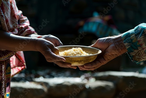 A starving person is holding a bowl of food