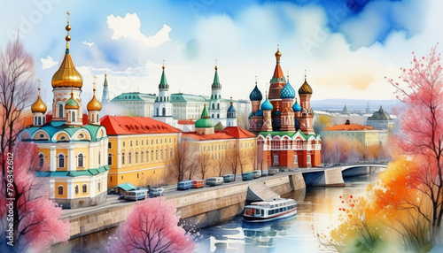 Vibrant watercolor illustration of Moscow's cityscape with the iconic St Basil's Cathedral and a boat on the river, perfect for travel and cultural themes