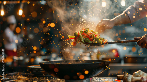 In a vibrant marketplace, a skilled chef adeptly tosses a diverse array of vegetables in a hot wok.