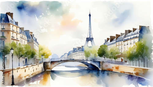 Watercolor illustration of a Parisian landscape featuring the Eiffel Tower, Seine River, and classic architecture, perfect for travel and Bastille Day themes