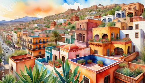 Colorful traditional Mexican houses with terracotta rooftops and agave plants, perfect for Cinco de Mayo and travel concepts in Latin America