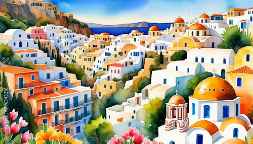 Colorful illustration of a traditional Greek village with white houses and blue domes, ideal for travel themes and Mediterranean cultural holidays