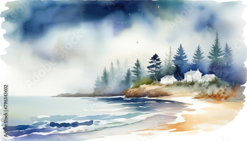 Serene watercolor landscape depicting a coastal scene with pine trees and a quaint house, ideal imagery for themes related to nature, tranquility, and travel