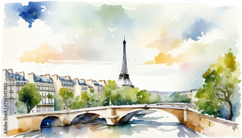 Impressionistic watercolor illustration of Paris skyline with Eiffel Tower and Seine River bridge, ideal for travel, romance, and Bastille Day themes