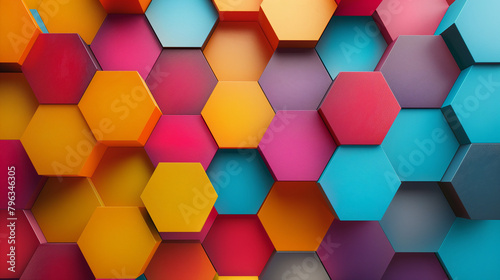 Vibrant hexagon multi-colored mosaic, colorful geometric shapes pattern, modern abstract design