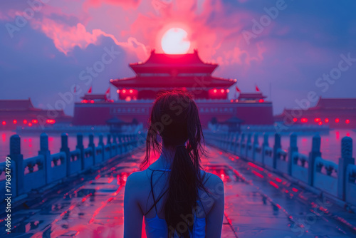Asian woman gazing at ancient Chinese temple at sunset