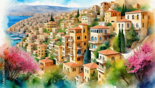 Colorful illustration of a Mediterranean coastal town with blooming trees and clustered buildings, ideal for travel, summer vacations, and European culture themes
