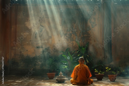 A monk sits in a room with a lot of sunlight coming in through the windows